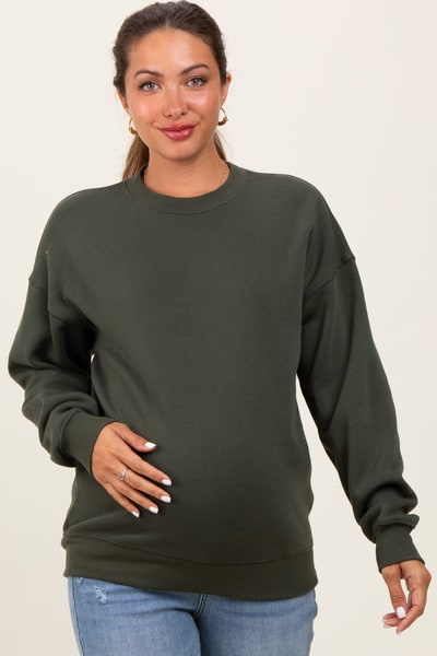 PinkBlush Olive Fleece Crew Neck Relaxed Fit Maternity Sweatshirt