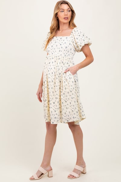 PinkBlush Cream Textured Knit Square Neck Maternity Midi Dress