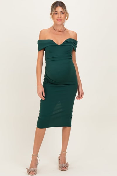PinkBlush Forest Green Off Shoulder Fitted Maternity Midi Dress