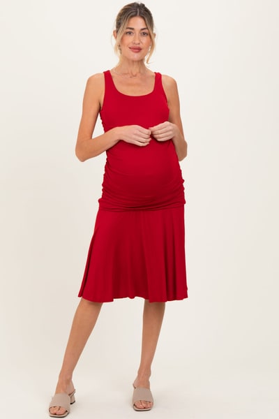 PinkBlush Red Ruched Sleeveless Drop Waist Maternity Midi Dress