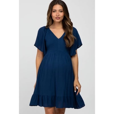Target Pinkblush Navy Blue Smocked Front Ruffle Hem Maternity Dress Small