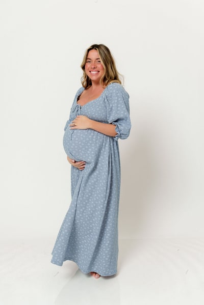 Worth Collective Cecilia 100% Cotton Smocked Maxi Dress in Light Indigo Foliage - Bump Friendly