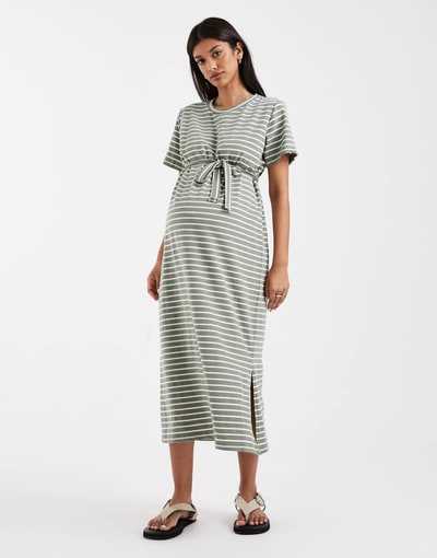 ASOS Mamalicious Maternity short sleeve tie waist 2 function nursing midi dress in green and white stripes