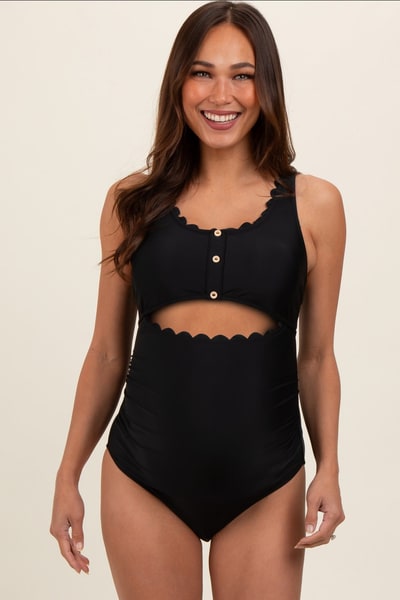 PinkBlush Black Scalloped Cutout Ruched Maternity One Piece Swimsuit