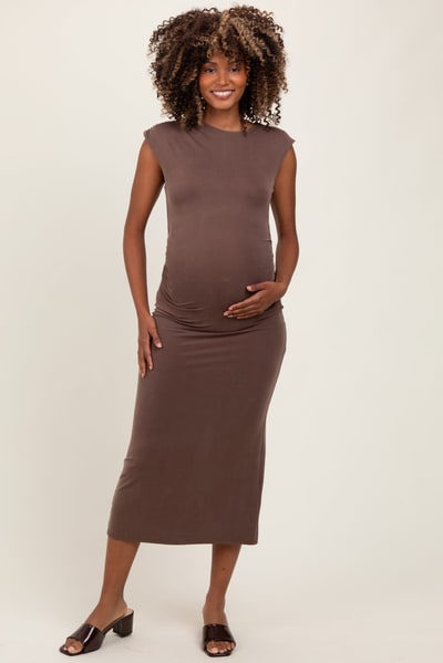 PinkBlush Brown Sleeveless Side Ruched Maternity Midi Dress