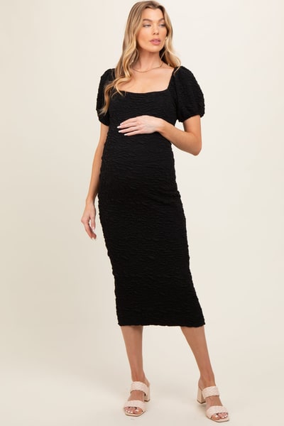 PinkBlush Black Textured Square Neck Puff Sleeve Maternity Midi Dress