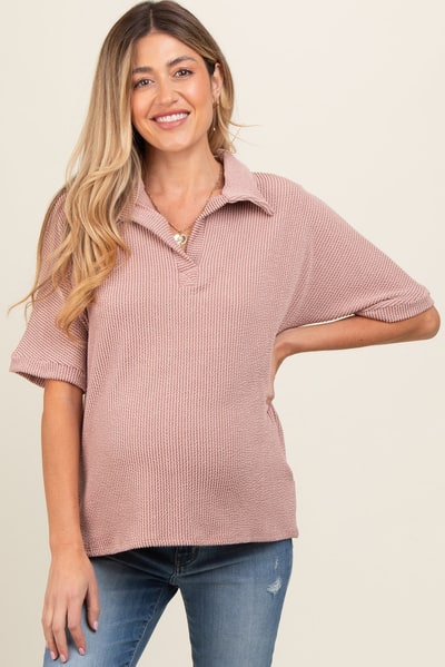 PinkBlush Mocha Ribbed Collared Maternity Top