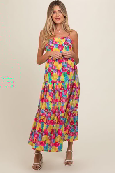 PinkBlush Multi-Color Floral Low Back Tiered Maternity Midi Dress