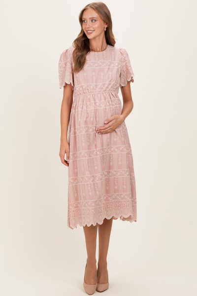 PinkBlush Light Pink Embroidered Floral Maternity Midi Dress