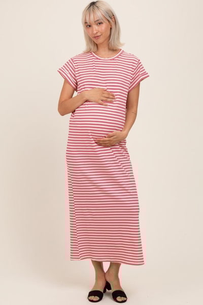 PinkBlush Red Striped Maternity Midi T-Shirt Dress