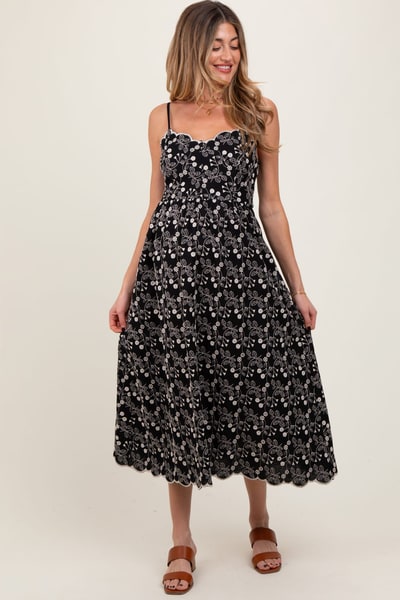 PinkBlush Black Floral Embroidered Scallop Detail Maternity Midi Dress