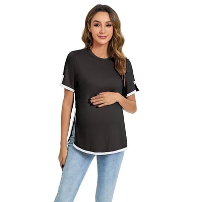 Target Coolmee Women's Maternity Tops Notched Short Sleeve Round Neck White Edge Side Slit Comfortable Fit Stylish Design Pregnancy Tops S Black