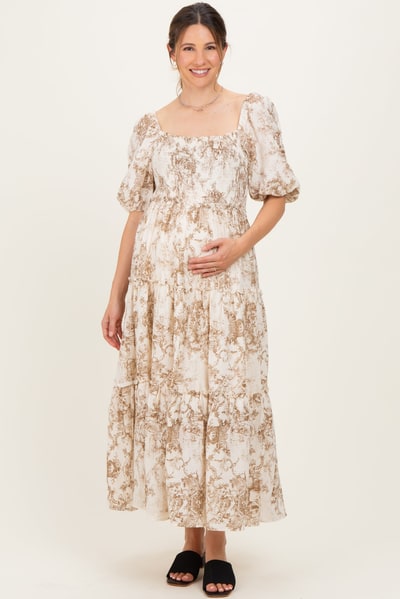 PinkBlush Taupe Vintage Floral Puff Sleeve Tiered Maternity Maxi Dress