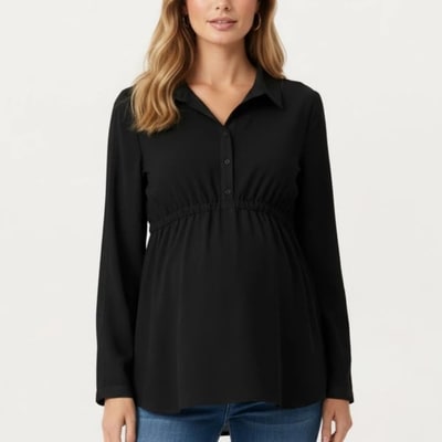 Target Anna-Kaci Women's Maternity Long Sleeve Top with Collared Neckline Elastic Empire Waist and Soft Flowing Drape for Everyday Style - Small, Black