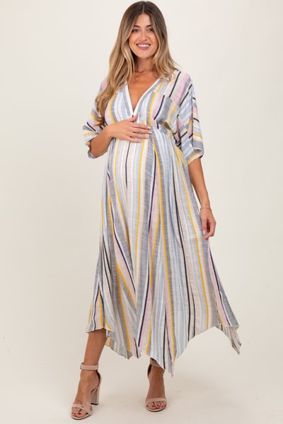 PinkBlush Multicolor Striped Handkerchief Hem Maternity Maxi Dress