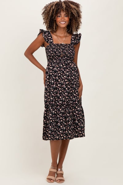 PinkBlush Black Floral Smocked Ruffle Strap Maternity Midi Dress