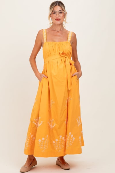 PinkBlush Orange Embroidered Sleeveless Sash Tie Maternity Maxi Dress