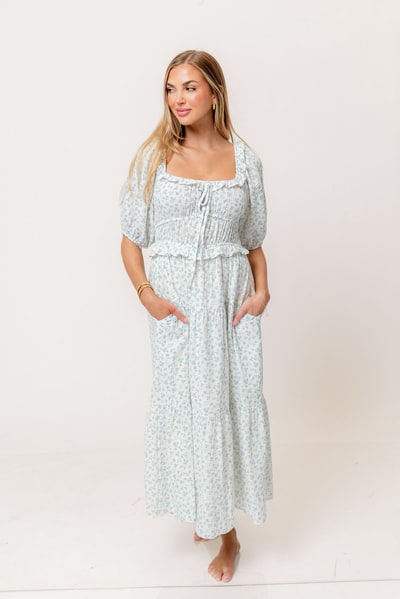 Worth Collective Landon 100% Cotton Ruched Puff Sleeve Ruffle Tiered Floral Midi Dress in Blue - Bump Friendly