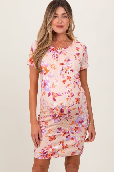 PinkBlush Peach Floral Short Sleeve Ruched Maternity Dress