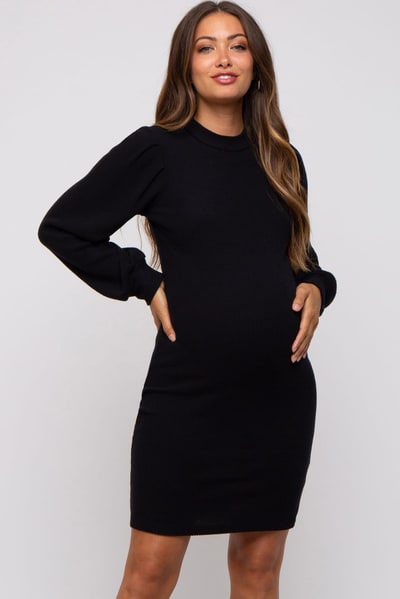 PinkBlush Black Ribbed Long Sleeve Mock Neck Maternity Dress