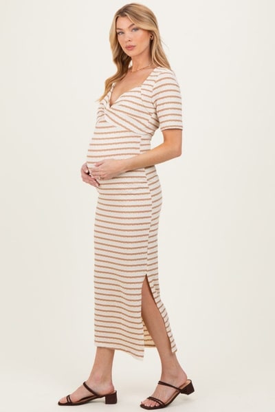 PinkBlush Cream/ Mocha Striped Knit Short Sleeve Maternity Maxi Dress