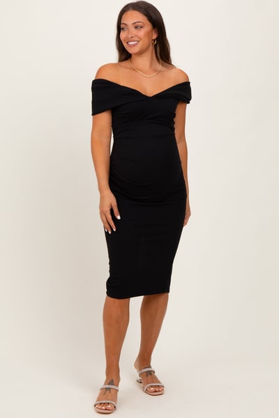 PinkBlush Black Off Shoulder Fitted Maternity Midi Dress