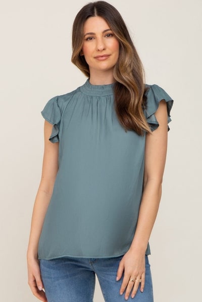PinkBlush Dark Teal Mock Neck Flutter Maternity Blouse