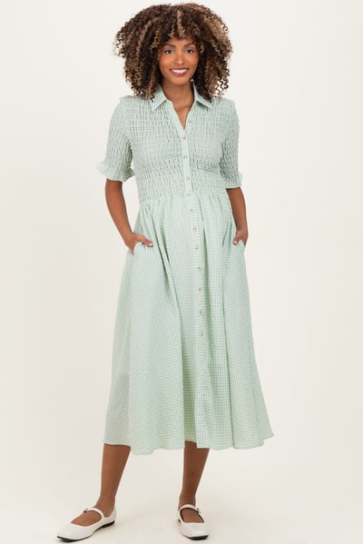 PinkBlush Sage Gingham Smocked Button Down Maternity Midi Dress