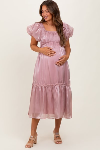 PinkBlush Pink Organza Puff Sleeve Maternity Midi Dress