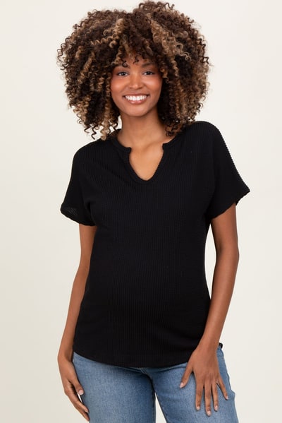 PinkBlush Black Ribbed Notched Neckline Maternity Top