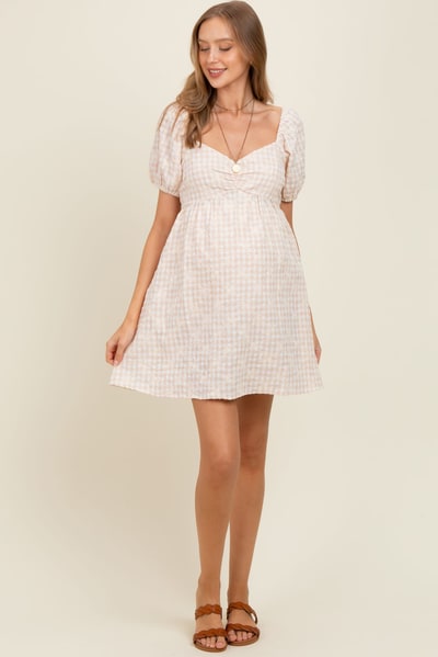 PinkBlush Beige Embroidered Gingham Sweetheart Neck Maternity Mini Dress
