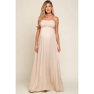 Target Pinkblush Beige Smocked Halter Maternity Maxi Dress Small