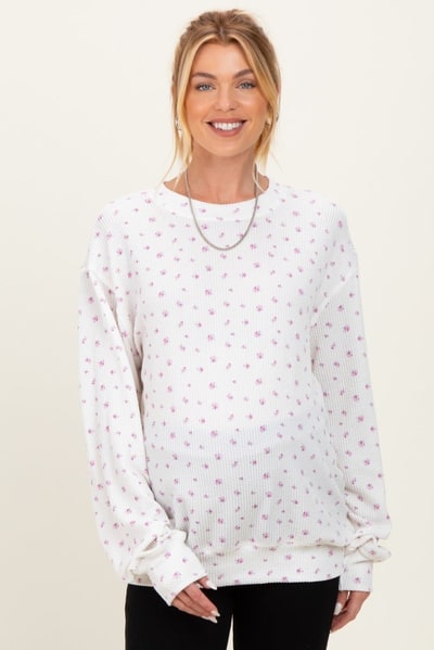 PinkBlush Magenta Floral Waffle Knit Oversized Maternity Long Sleeve Top