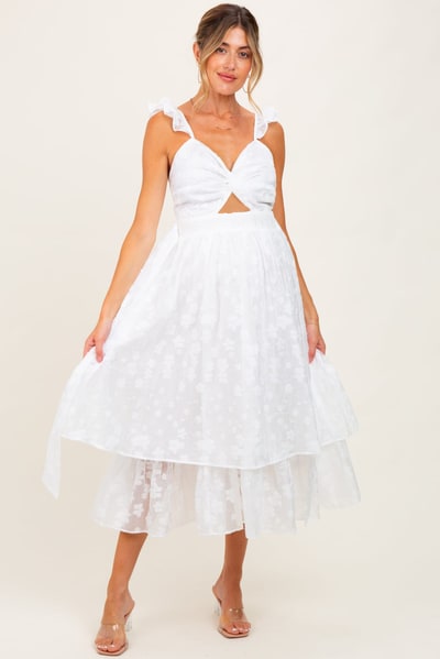 PinkBlush White Embroidered Twist Front Cutout Maternity Midi Dress