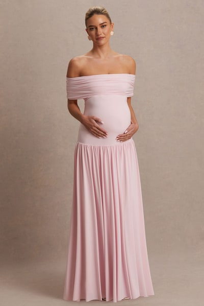 Club L London Juliette | Blush Pink Bardot-Neck Maternity Maxi Dress With Drop-Waist