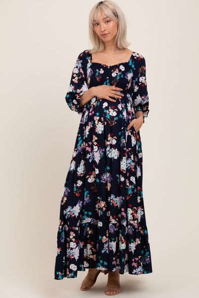 PinkBlush Navy Floral Sweetheart Puff Sleeve Maternity Maxi Dress
