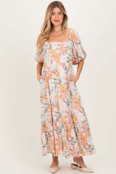PinkBlush Light Pink Floral Tiered Maternity Maxi Dress