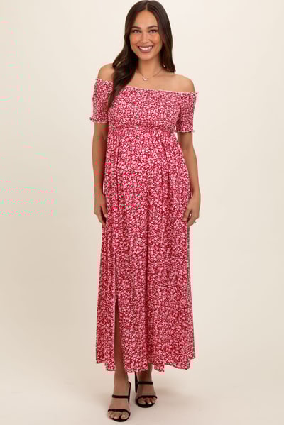 PinkBlush Red Floral Smocked Fitted Sleeve Side Slit Maternity Maxi Dress