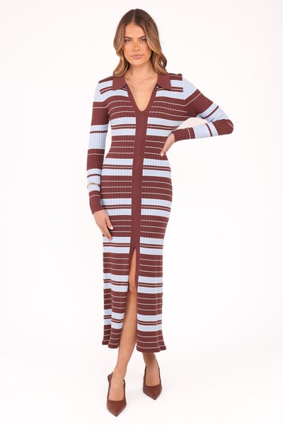 Petal & Pup Eliana Long Sleeve Midi Dress - Brown Blue Stripe