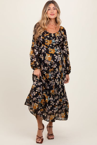 PinkBlush Black Floral V-Neck Long Sleeve Maternity Midi Dress