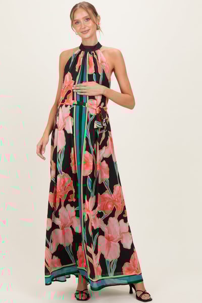 PinkBlush Black Floral Halter Maternity Maxi Dress