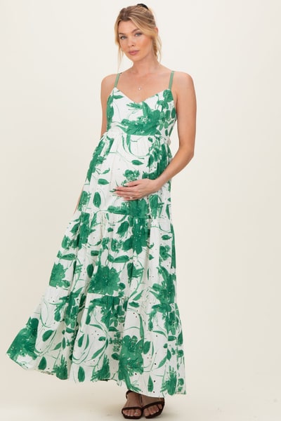 PinkBlush Green Floral Tiered Cutout Tie Back Maternity Maxi Dress