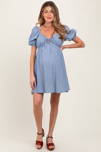 PinkBlush Blue Striped Chambray Front Tie Maternity Mini Dress