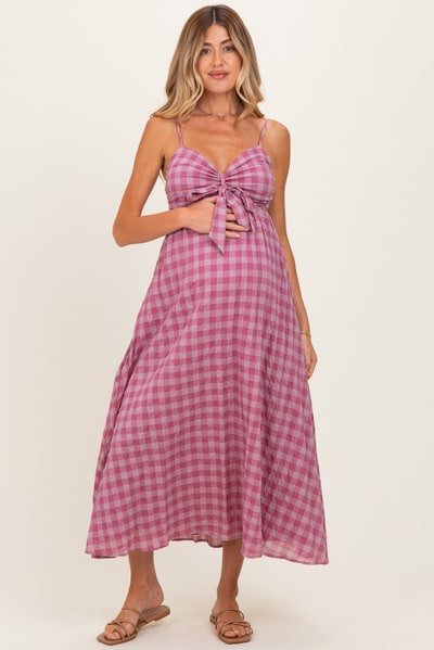 PinkBlush Pink Plaid Front Tie Sleeveless Maternity Maxi Dress