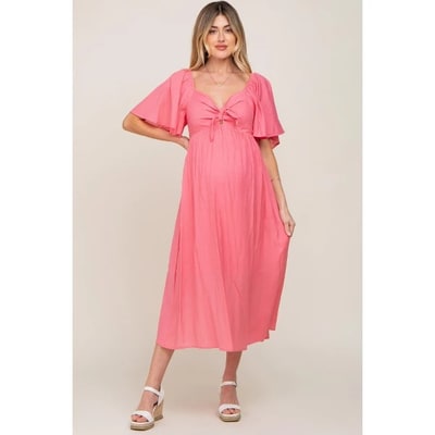 Target Pinkblush Coral Front Tie Ruffle Sleeve Maternity Midi Dress XL