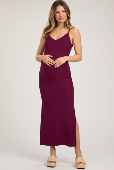PinkBlush Burgundy Ribbed Side Slit Maternity Maxi Dress
