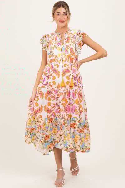 PinkBlush Orange Colorblock Floral Tassel Front Tie Maternity Dress