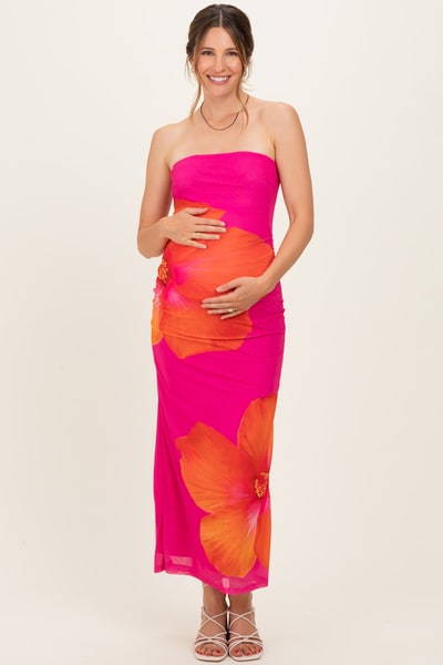 PinkBlush Fuchsia Floral Strapless Maternity Maxi Dress