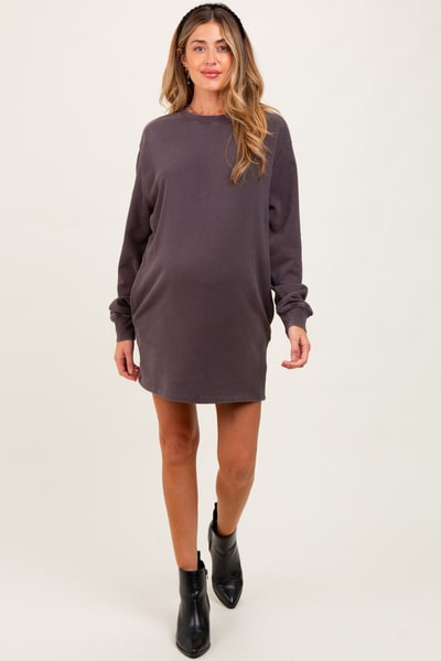 PinkBlush Charcoal Mineral Wash Oversized Maternity Sweatshirt Mini Dress