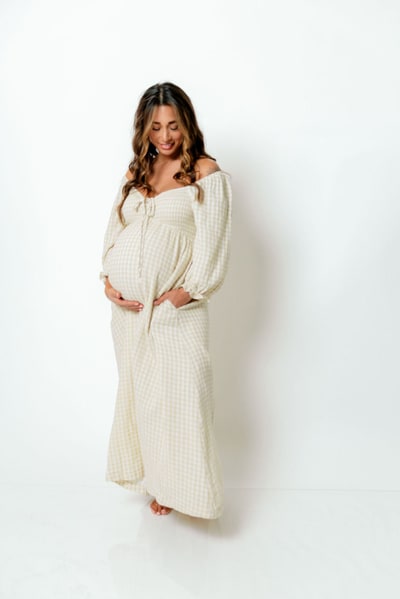 Worth Collective Cecilia 100% Cotton Smocked Maxi Dress in Muted Gold Plaid (Lined) - Bump Friendly